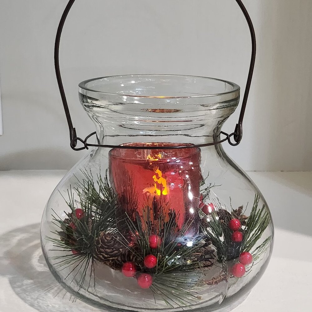Lantern Style Glass Pine and Red Berry Christmas Candle Holder